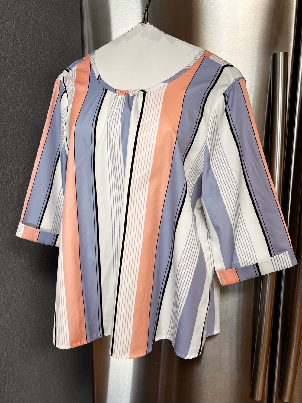Woman’s Pullover Top Striped Pleated Crew Neck 3/4 Sleeves Size XL Is NWOT